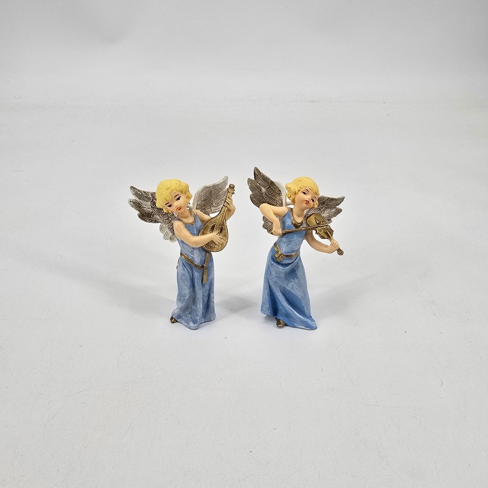 Vintage 1960s Celluloid Musical Angel Christmas Ornaments Blue Silver Wings